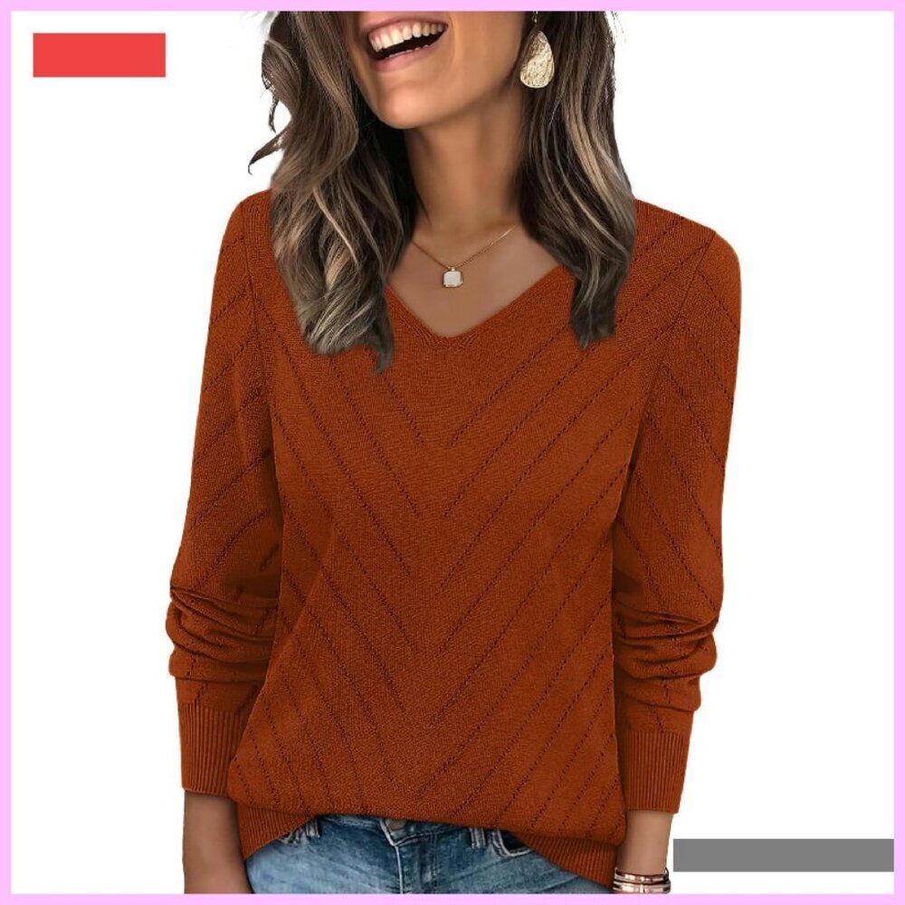 Lightweight V-Neck Knit Pullover Sweater Women's Casual Long Sleeve Top